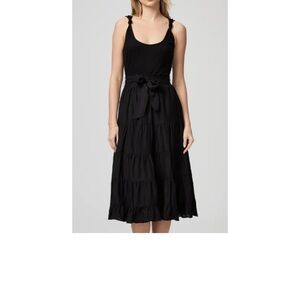 Paige Samosa Dress- Women's Black Tiered Midi Dress with Waist Tie